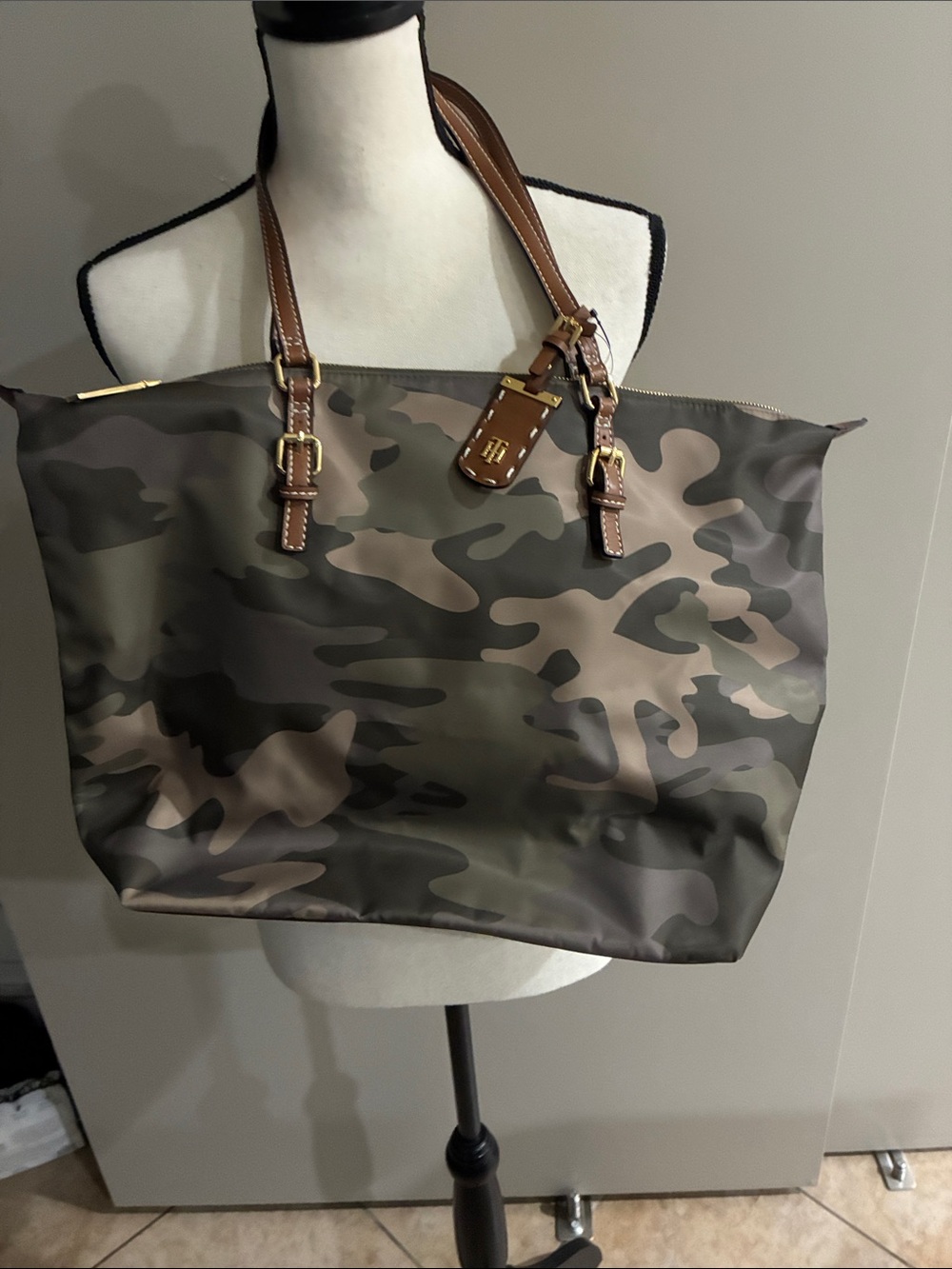 Camouflage Tote Bag with Brown Leather Handles